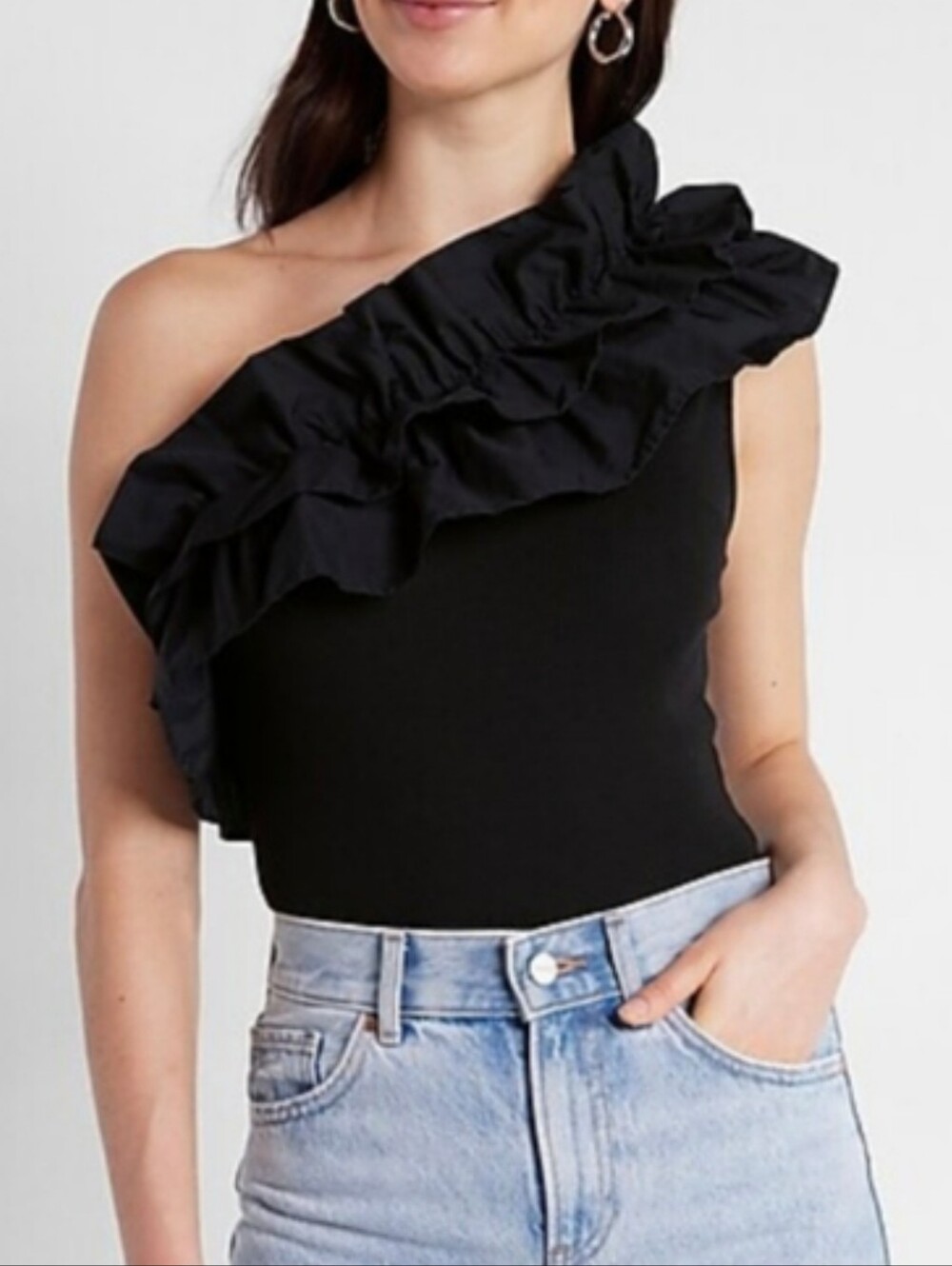 Express Black One Shoulder Ruffle Bodysuit Size Small